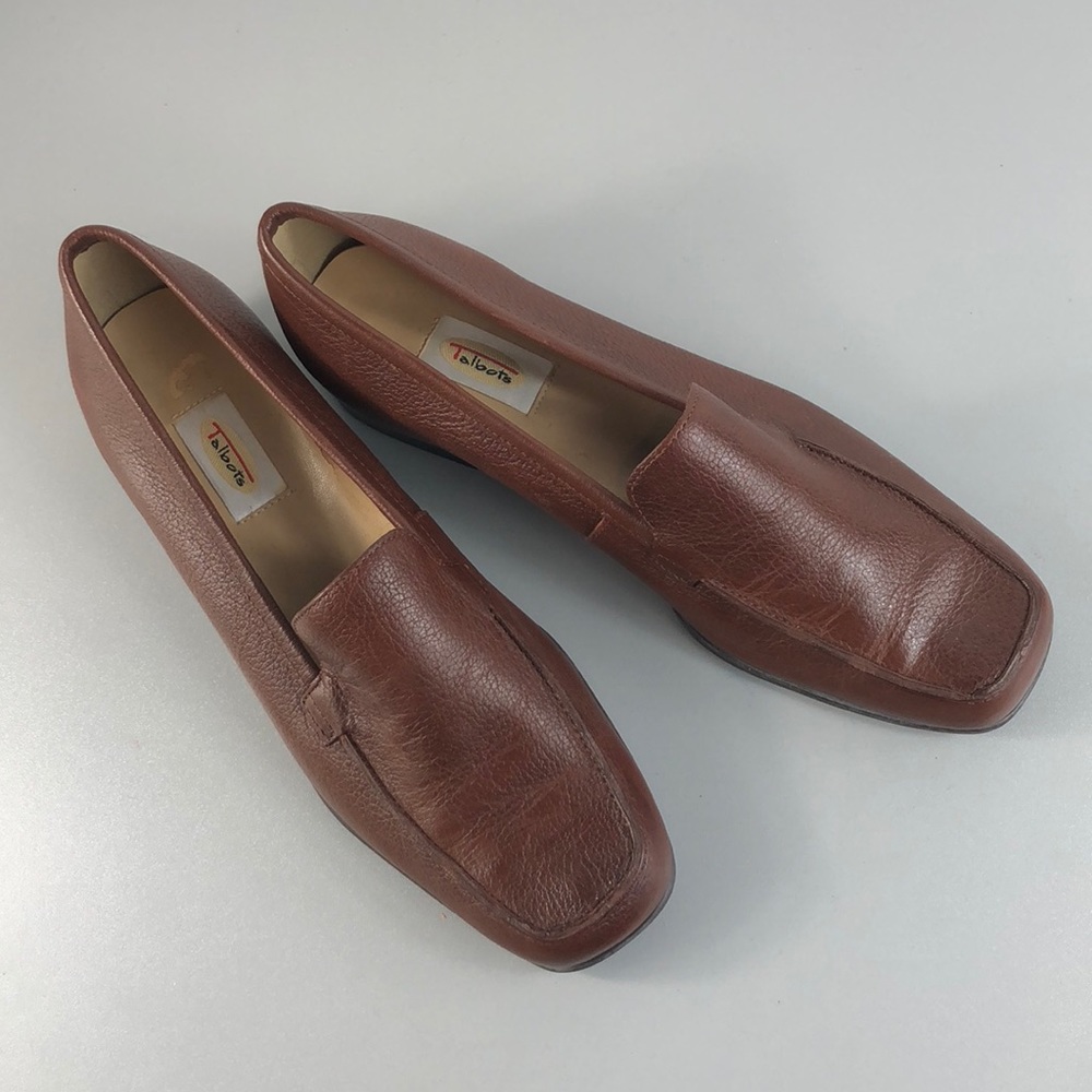 Talbots brown leather loafers square toe